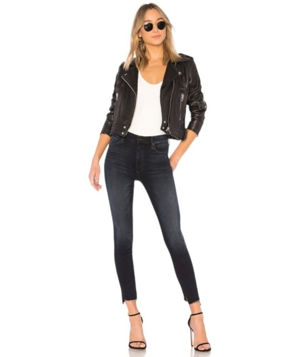 MOTHER The Stunner Zip Two Step Fray Jeans Last Call Dark Blue Wash Size 25 W 26